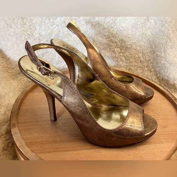 Carlos Santana “Hope” Peep-Toe Slingback Stiletto Heels Bronze Gold Size 9 M - Picture 1 of 7